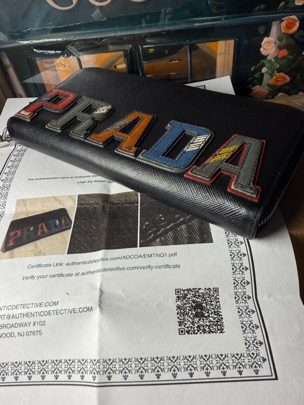 Prada Black Saffiano Leather Zip Wallet with Multicolor Letter Patches w/coa - Picture 6 of 12